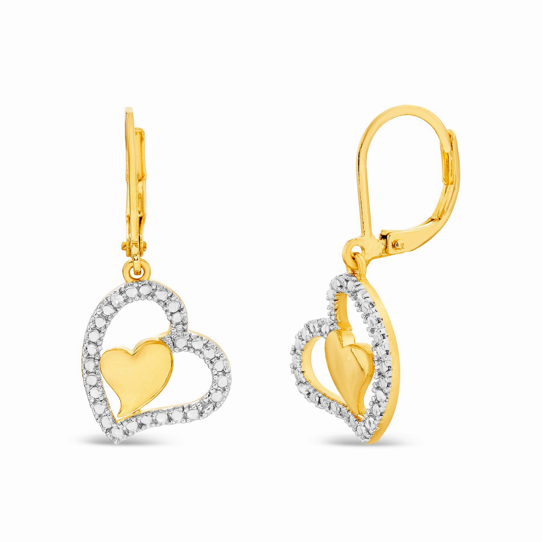 Lumineux Genuine Diamond Accented Heart Dangle Earrings in Yellow Gold Plated Brass Festive Adornment