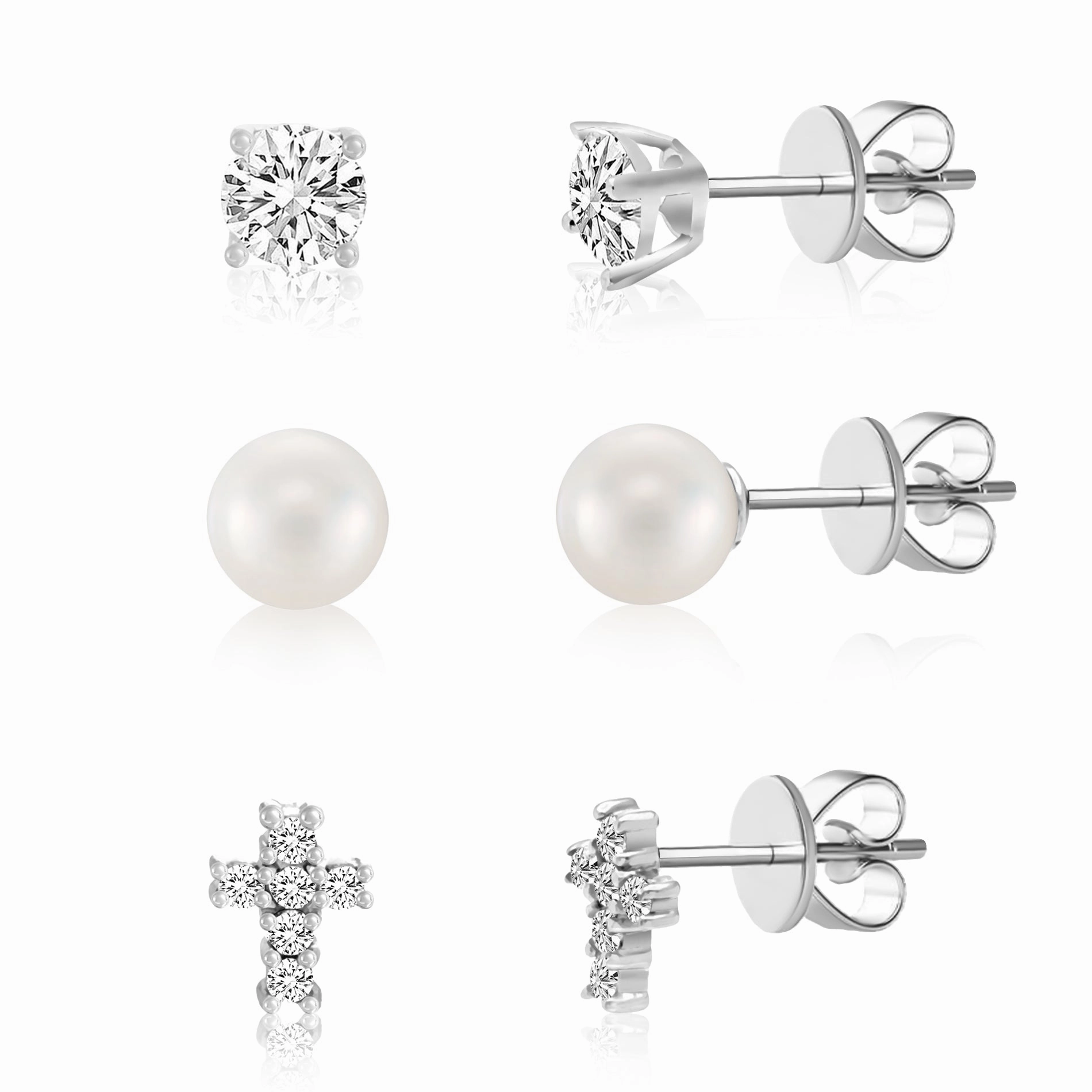 Sterling Silver Cubic Zirconia Simulated Pearl Cross, Ball and Stud Earrings Trio Set Radiant Item Everyday Item