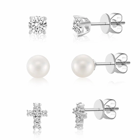 Sterling Silver Cubic Zirconia Simulated Pearl Cross, Ball and Stud Earrings Trio Set Radiant Item Everyday Item