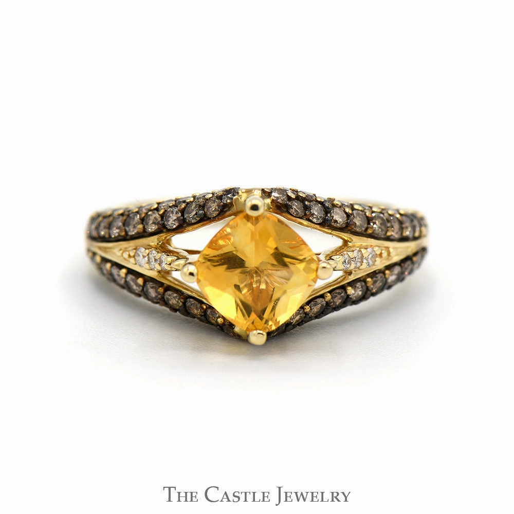HighEnd Adornment Square Citrine Le Vian Designer Ring with Chocolate & White Diamond Accented Sides in 14k Yellow Gold