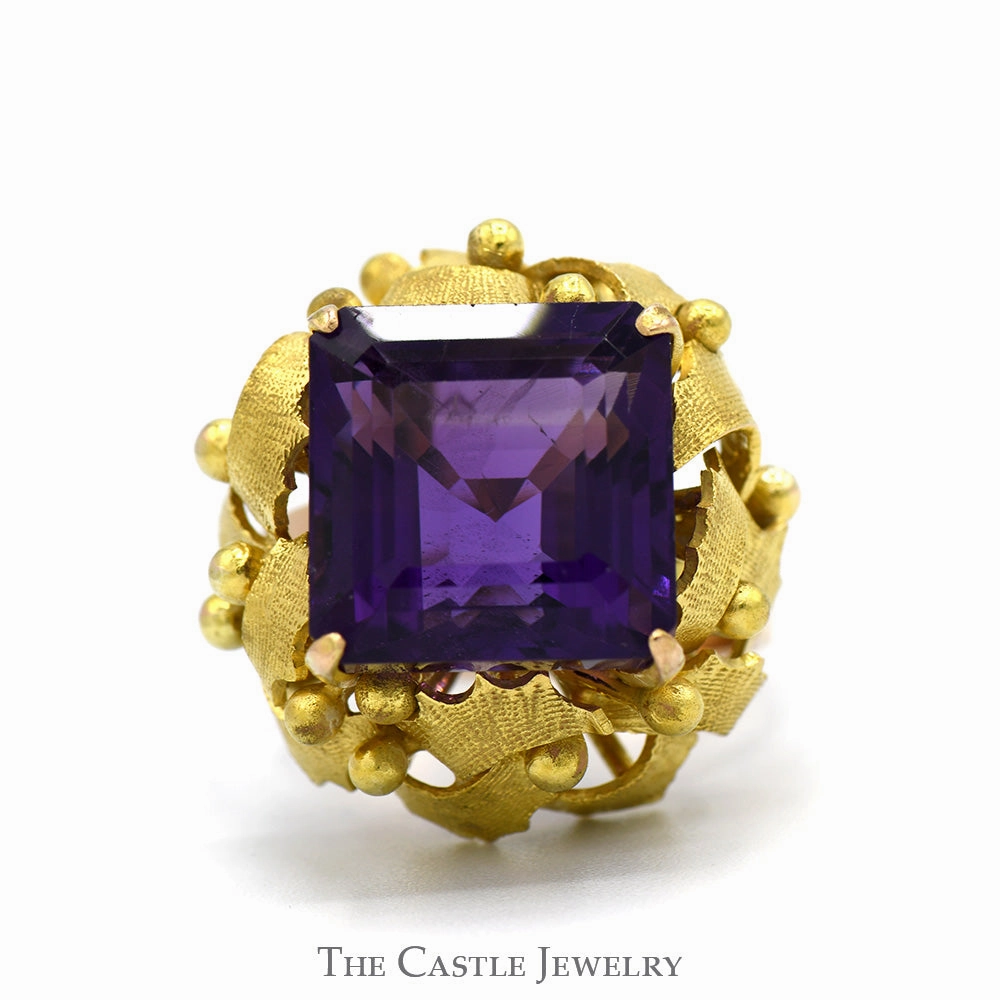 Square Cut Amethyst Ring with Brushed Leaf Inspired Bezel in 14k Yellow Gold Brilliant Piece