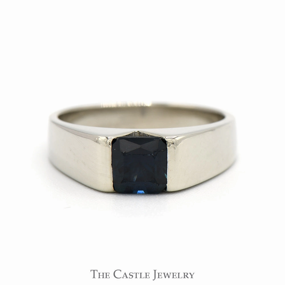 Square Sapphire Solitaire Ring with Polished Sides in 14k White Gold Graceful Detail