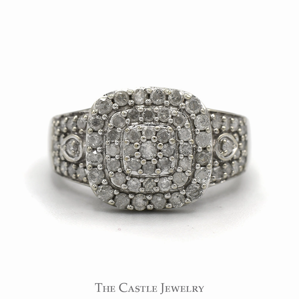 Exquisite Statement Petite Gift Square Shaped 1cttw Diamond Cluster Engagement Ring with Accented Sides in 10k White Gold