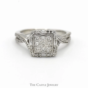 Jewelry Article Square Shaped Diamond Cluster Ring with Diamond Accented Twisted Sides in 10k White Gold