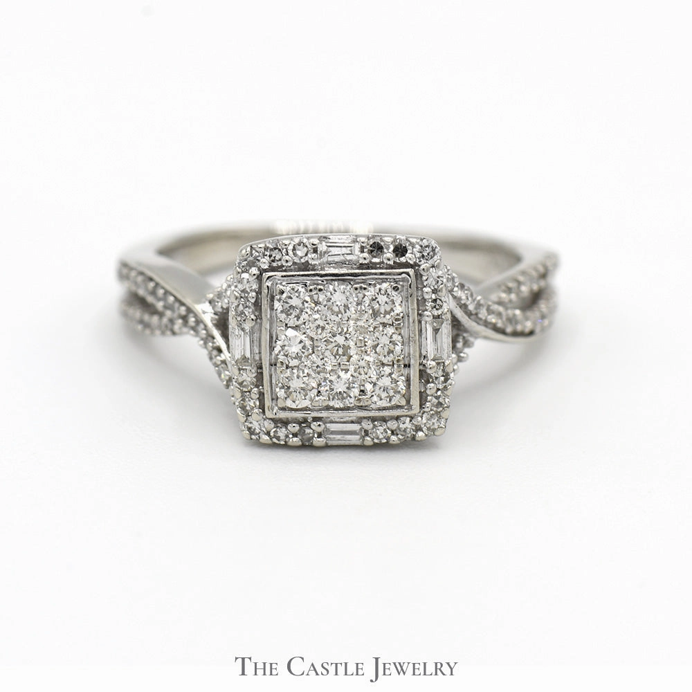 high-end design Square Shaped Diamond Cluster Ring with Diamond Accented Twisted Sides in 10k White Gold