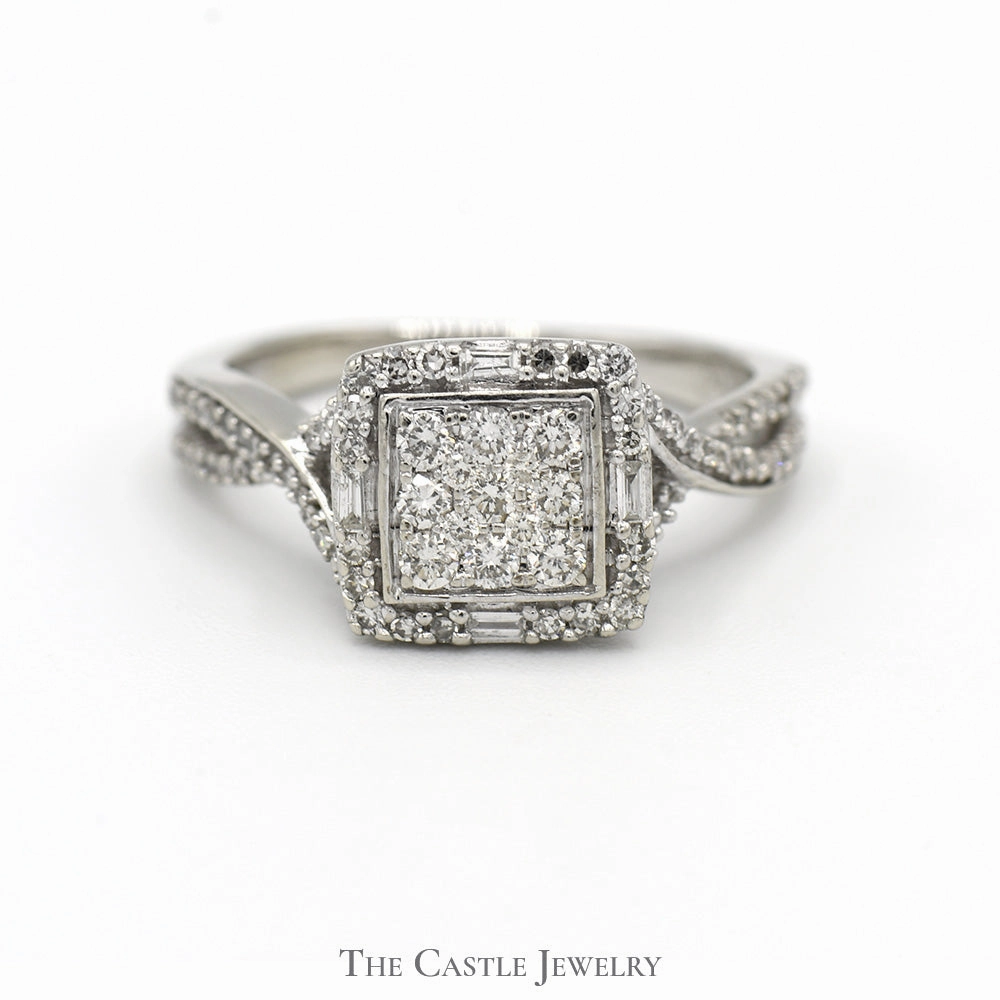 Jewelry Article Square Shaped Diamond Cluster Ring with Diamond Accented Twisted Sides in 10k White Gold