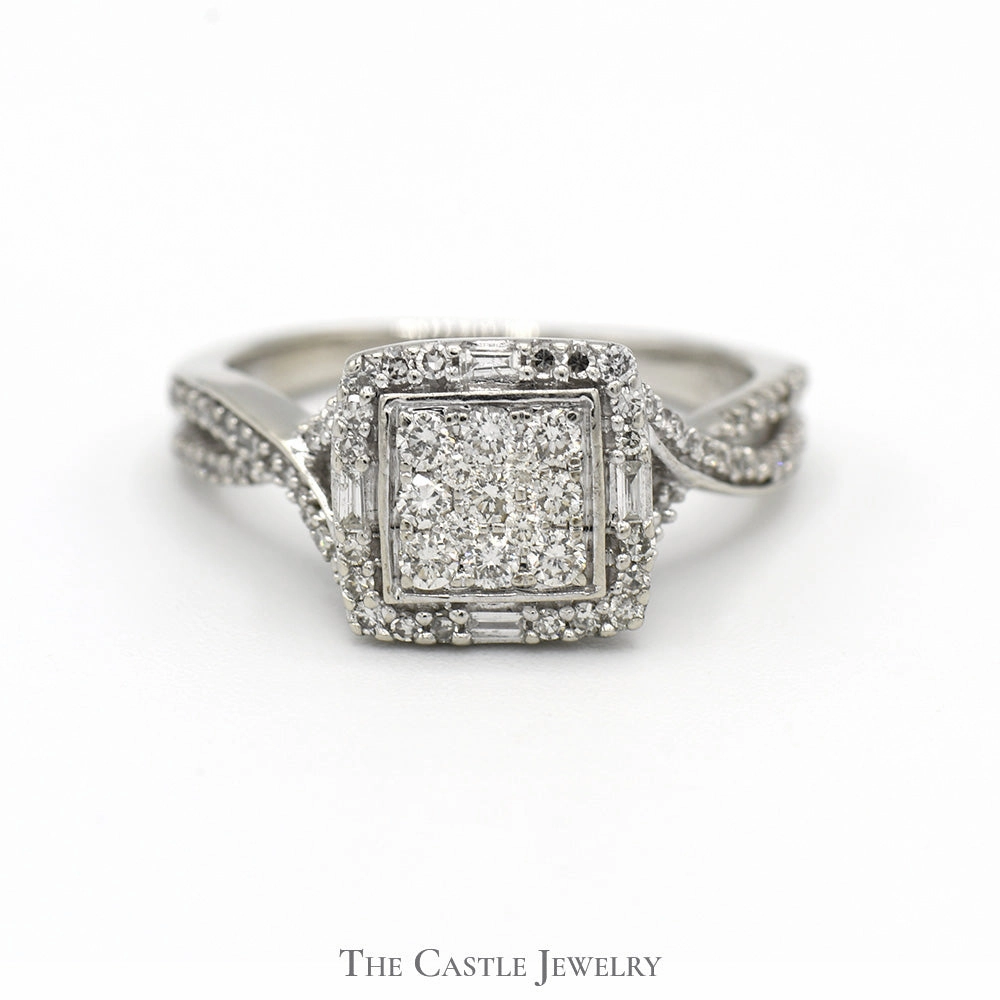 Square Shaped Diamond Cluster Ring with Diamond Accented Twisted Sides in 10k White Gold Utilitarian Design