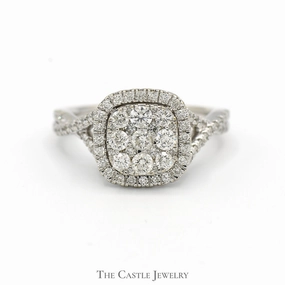 Practical Look Pastel Shade Square Shaped Diamond Cluster Ring with Diamond Halo and Accents in 14k White Gold