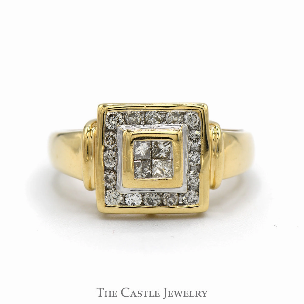 Polished Choice Square Shaped Invisi-set Princess Cut Diamond Cluster Ring with Round Diamond Halo in 14k Yellow Gold