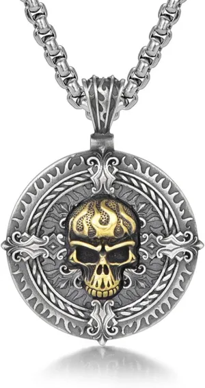 Stainless Steel Gold Skull Head Round Pendant Necklace for Men Women,Titanium Steel Skeleton Vintage Skull Jewelry Chain Necklace for Mens,Viking Skull Circle Charms Necklaces for Man Women,24inch Chain