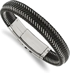 Stainless Steel Men's Black Leather Wire Adjust 8in to 8.5in Bangle Cuff Bracelet 8.5"