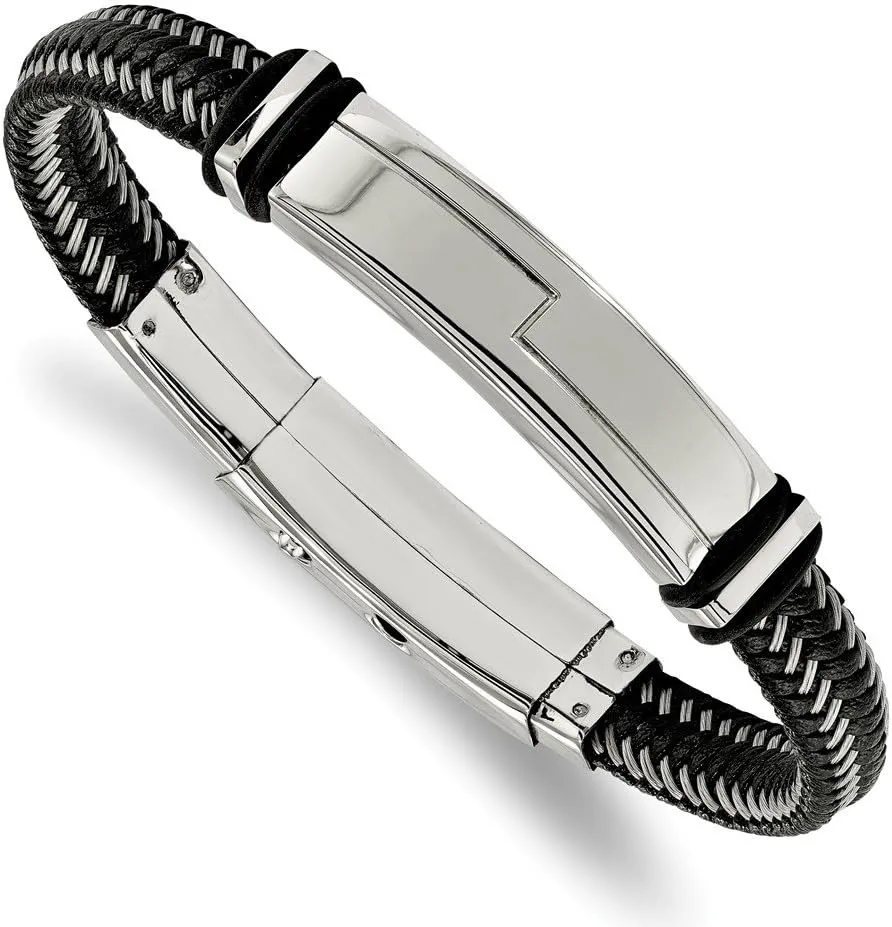 Stainless Steel Men's Blk Leather Rubber Adj 8.25-8.75in ID Bangle Cuff Bracelet 8.25"