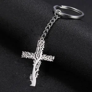 Stainless Steel Tree of Life Cross Keychain