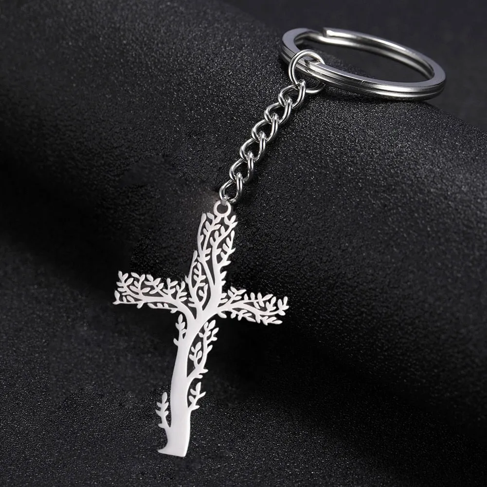 Stainless Steel Tree of Life Cross Keychain