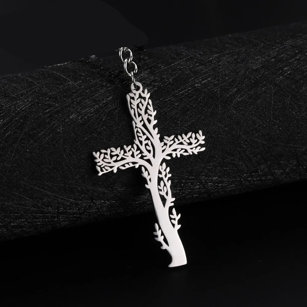 Stainless Steel Tree of Life Cross Keychain