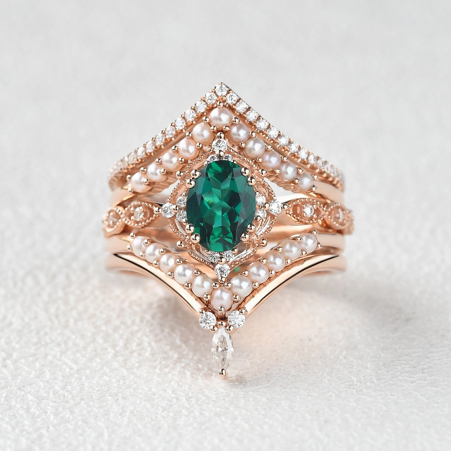 1.5ct Emerald Signature Vintage Extravaganza Rose Gold Ring Set 5pcs Stunning Finish Daytime Shine