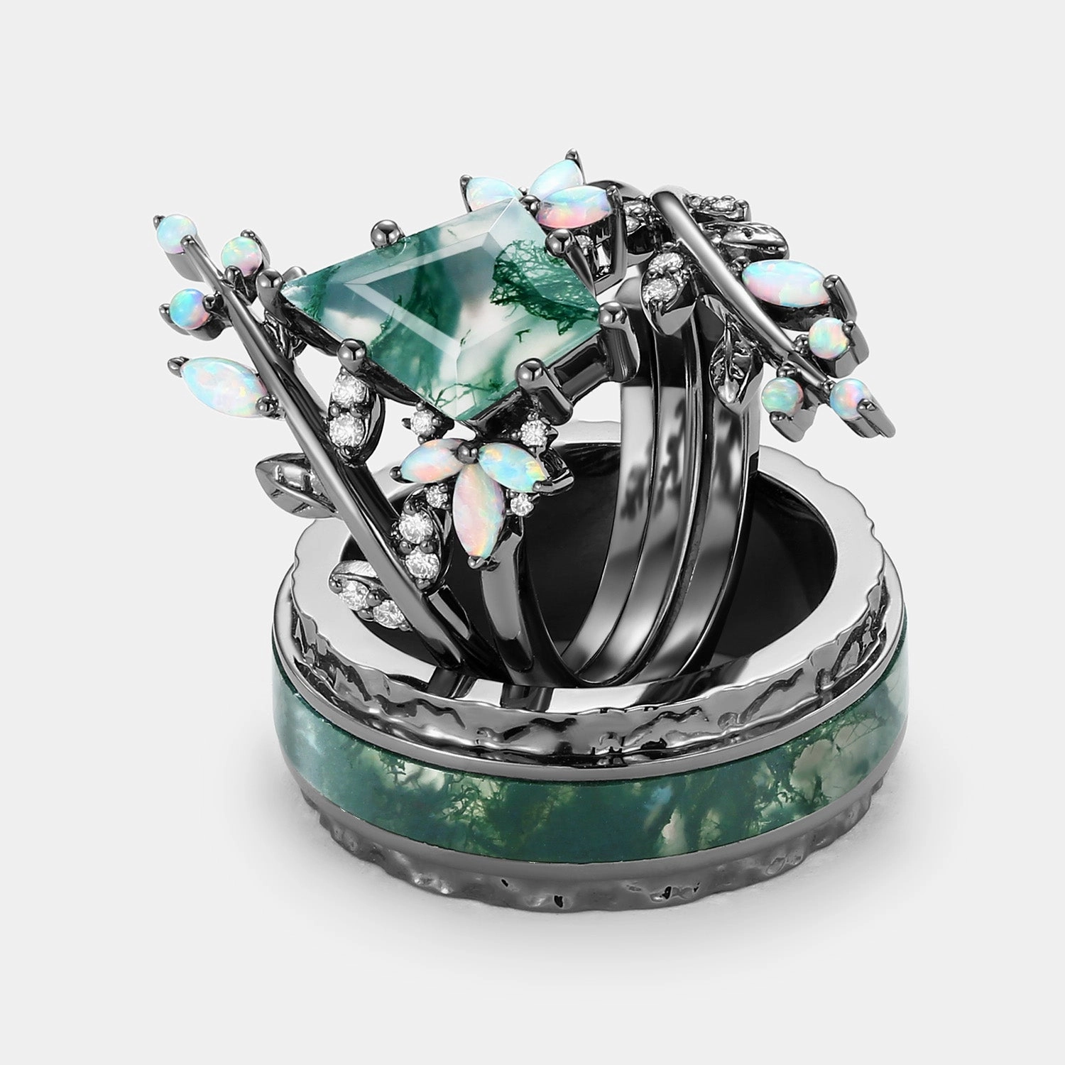 Kite Cut Black Gold Moss Agate & Opal Cage Leafy Couple Ring Set 3pcs - Knight Formal Fashion Sunset Style