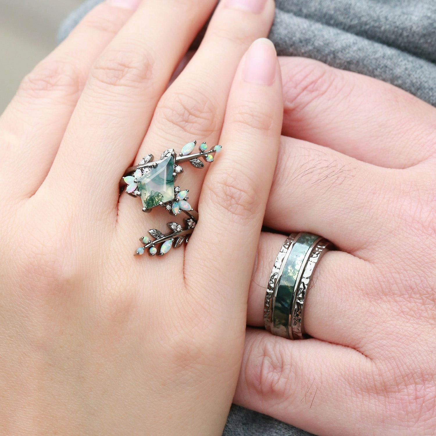 Kite Cut Black Gold Moss Agate & Opal Cage Leafy Couple Ring Set 3pcs - Knight Trendy Piece Statement Feature