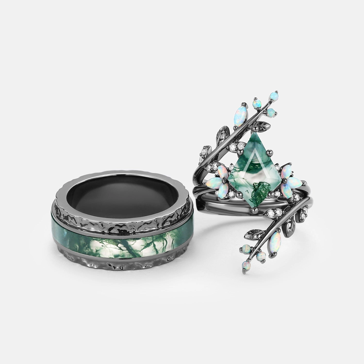 Sparkle Touch Kite Cut Black Gold Moss Agate & Opal Cage Leafy Couple Ring Set 3pcs - Knight