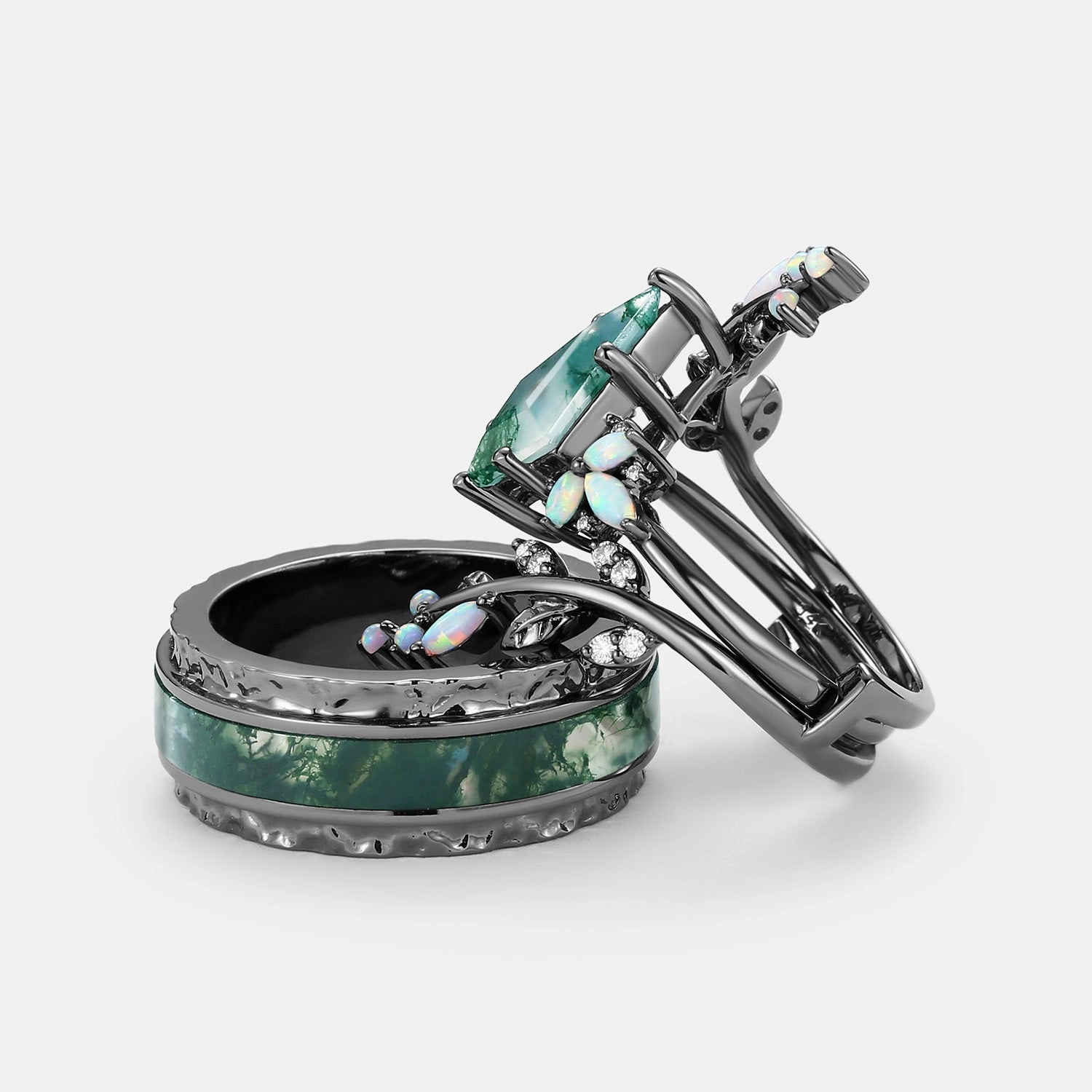 Golden Accent Fine Detail Kite Cut Black Gold Moss Agate & Opal Cage Leafy Couple Ring Set 3pcs - Knight