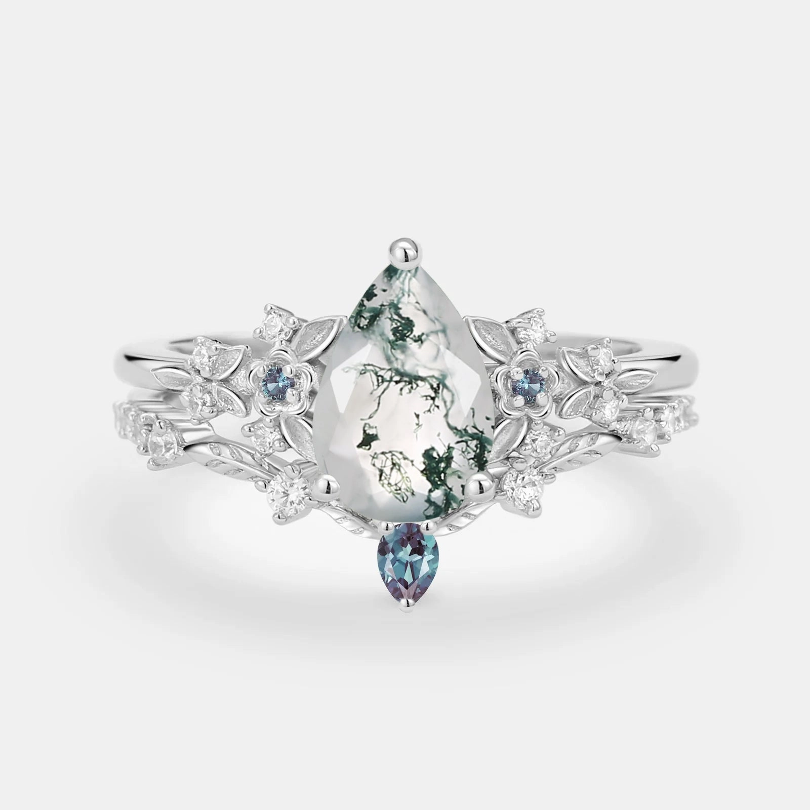 Pear Shaped Moss Agate Flower Bridal Ring Set 2pcs Refined Piece