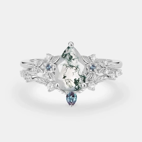 Pear Shaped Moss Agate Flower Bridal Ring Set 2pcs Refined Piece