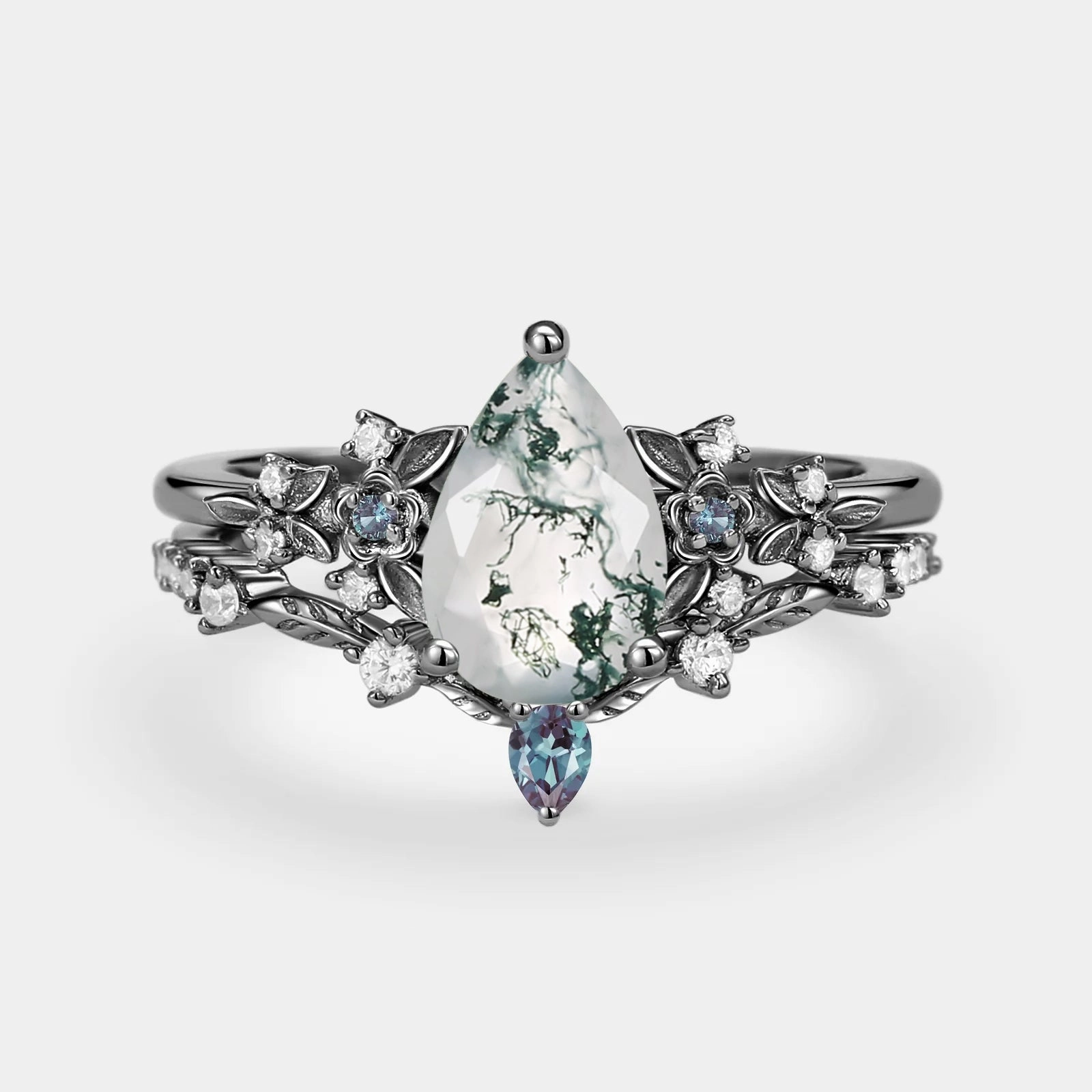 Pear Shaped Moss Agate Flower Bridal Ring Set 2pcs Shiny Jewelry Versatile Fit