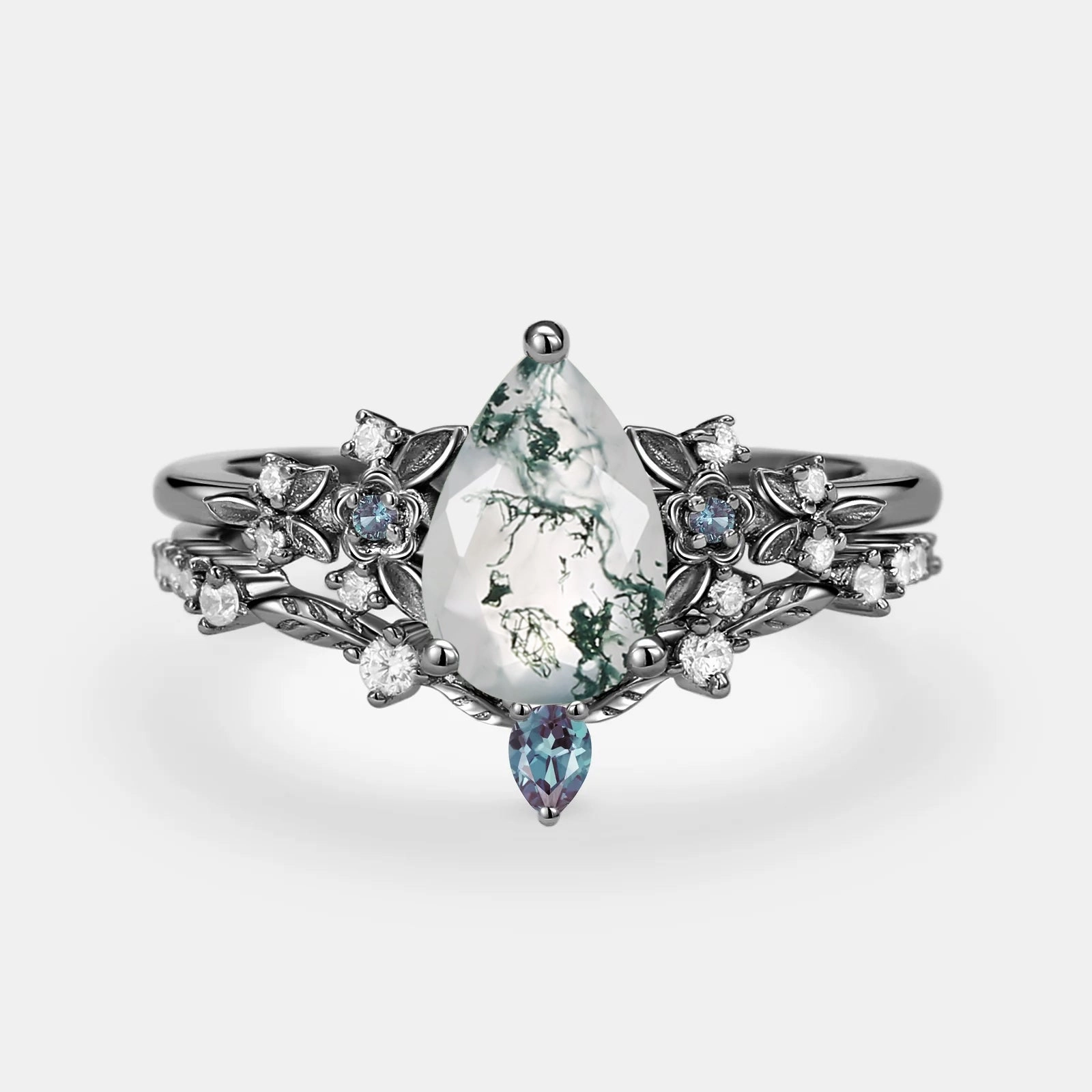 Highlight Accent Gleaming Glow Pear Shaped Moss Agate Flower Bridal Ring Set 2pcs