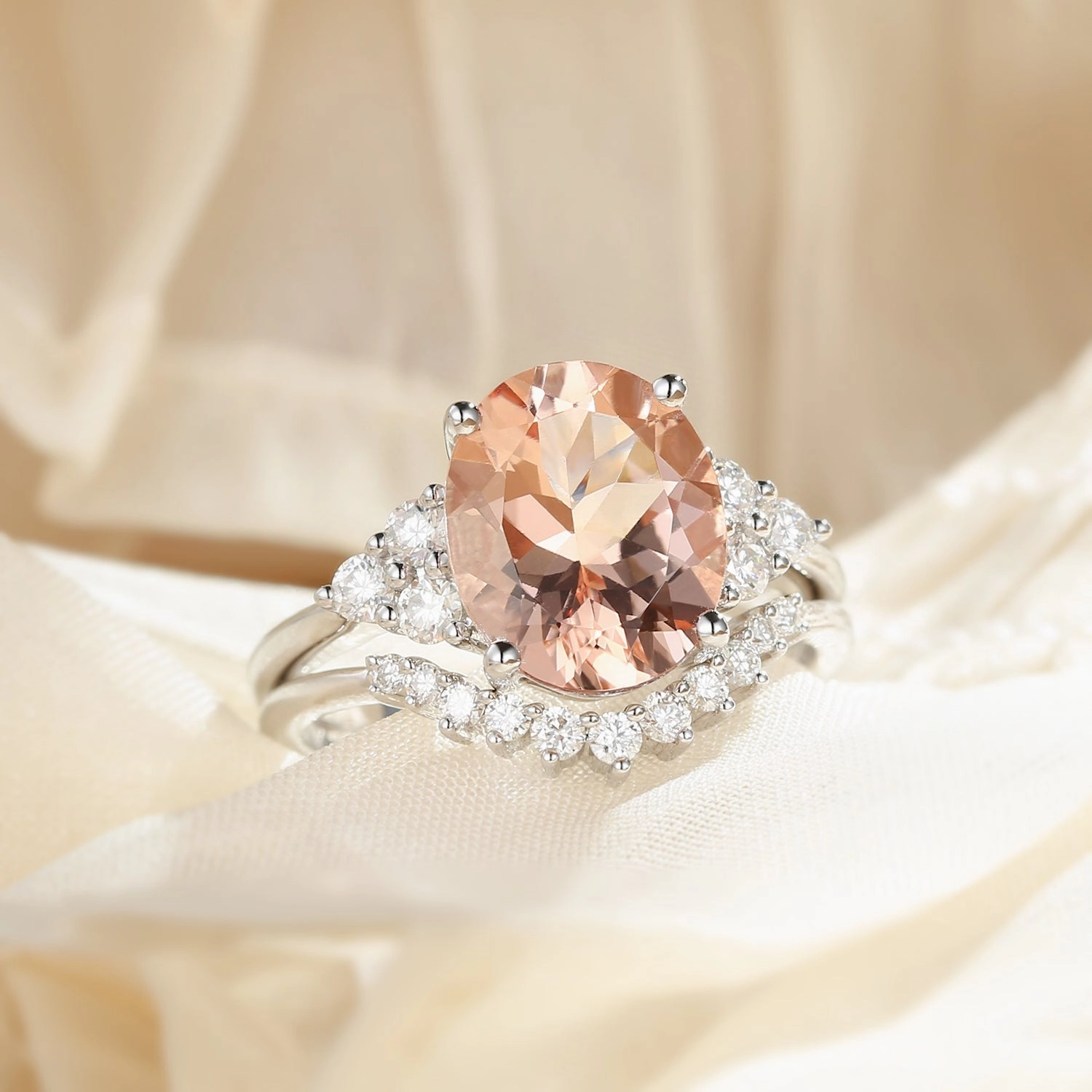Artistic Highlight Sparkle Ready 4.75ct Morganite Oval Classic Rose Gold Ring Set 2PCS - Faye