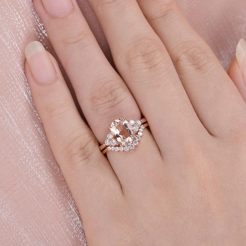 Impeccable Finish 4.75ct Morganite Oval Classic Rose Gold Ring Set 2PCS - Faye