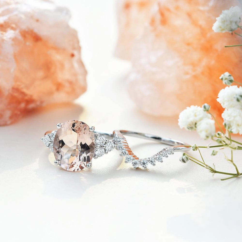 4.75ct Morganite Oval Classic Rose Gold Ring Set 2PCS - Faye exquisite design Effortless Piece
