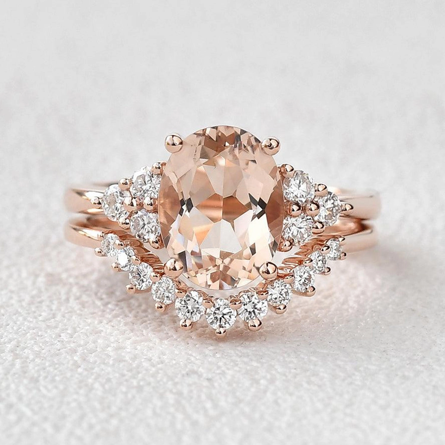 4.75ct Morganite Oval Classic Rose Gold Ring Set 2PCS - Faye Heirloom Accent Sculpted Finish