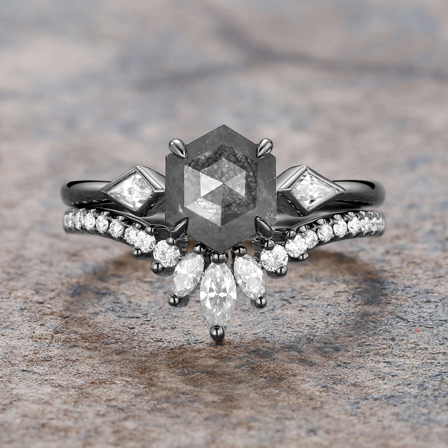 Hexagon Salt and Pepper Diamonds Three Stone Engagement Ring Set 2pcs - Noir Flawless Look