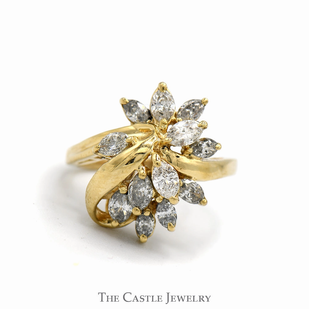 Starburst Marquise Cut Diamond Cluster Ring in 14k Yellow Gold Highlight Piece Refined Look