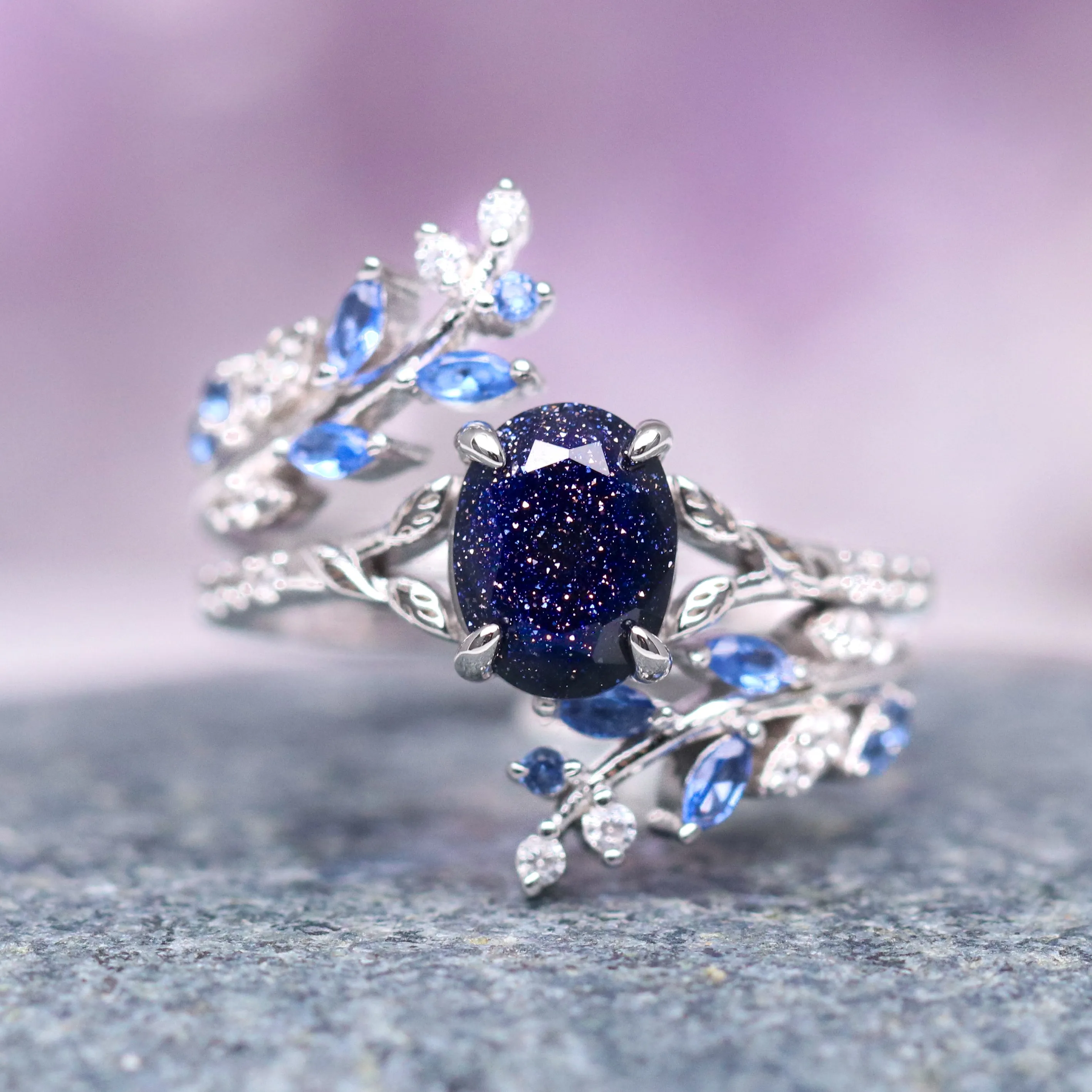 Starry Night & Sapphire Leaf Engagement Ring Set- Sterling Silver