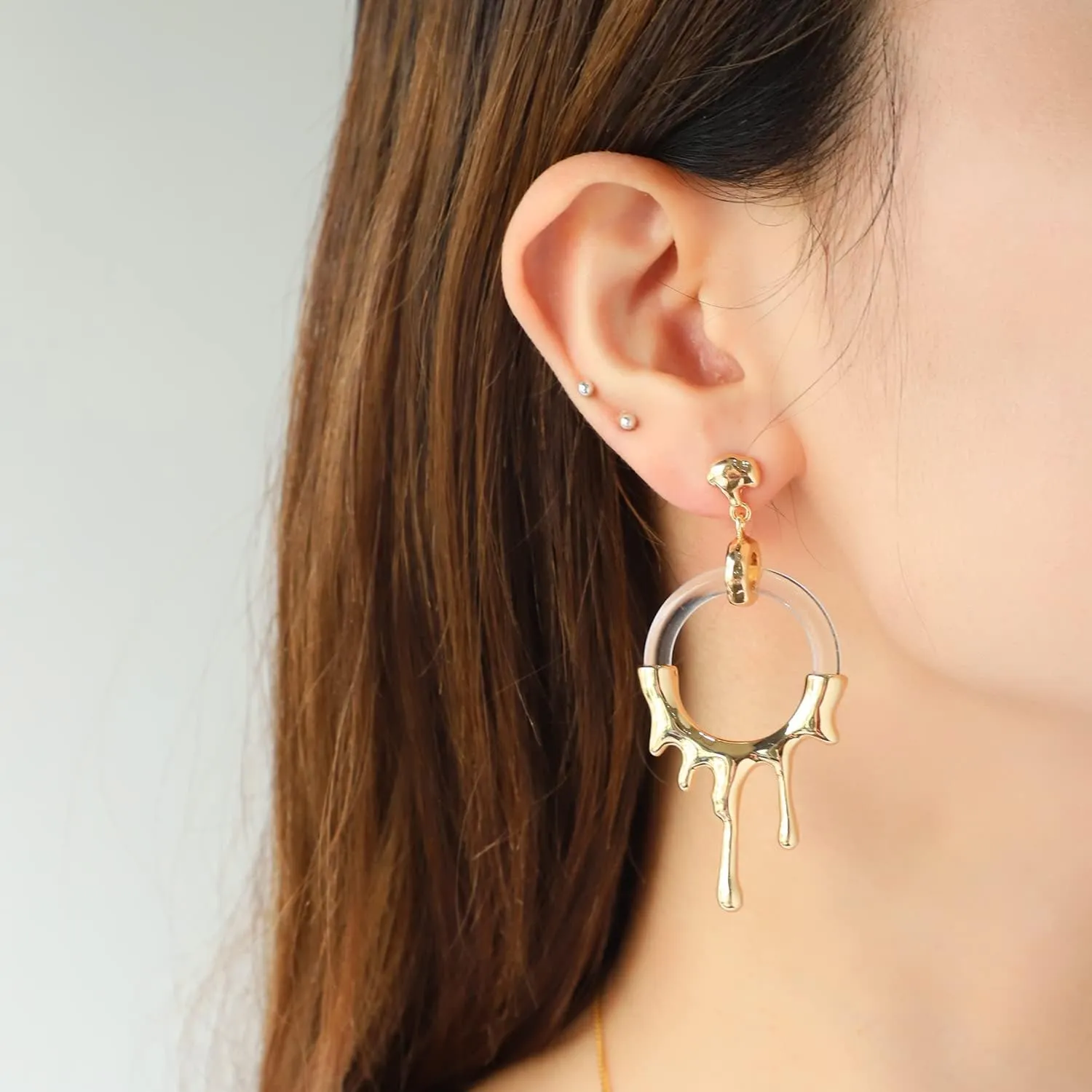 Statement Transperant Resin Drop Earrings,Artsy Earrings with Organic Shape Metal and Fluid Metal Shape