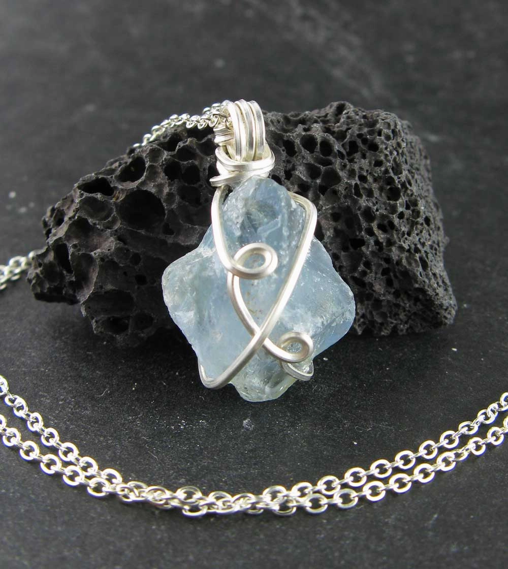 Best Present Adult Chain Accessory Raw Blue Celestite Crystal Pendant, Silver Wire-Wrapped, with 20" Chain, Handmade