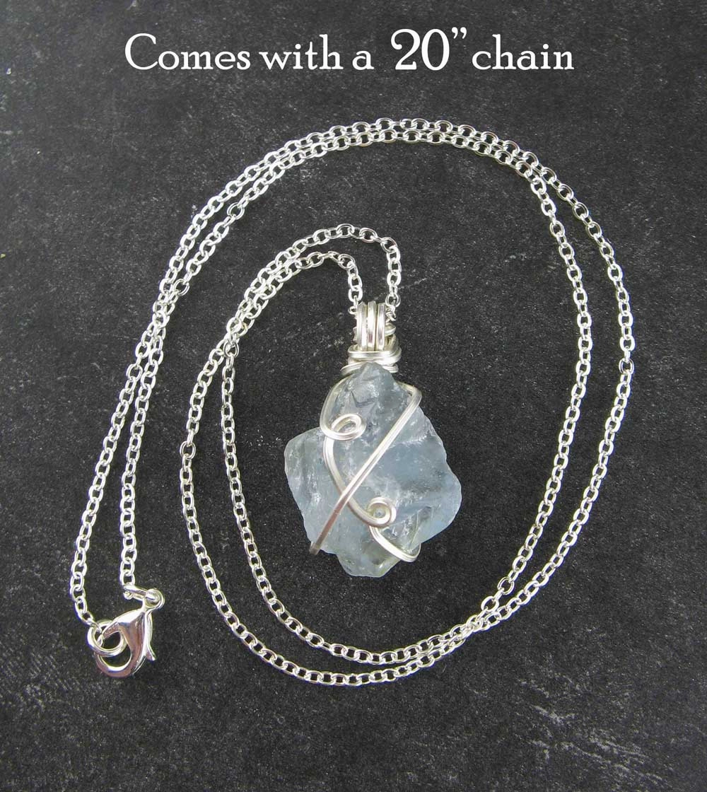 Fantastic Present Raw Blue Celestite Crystal Pendant, Silver Wire-Wrapped, with 20" Chain, Handmade
