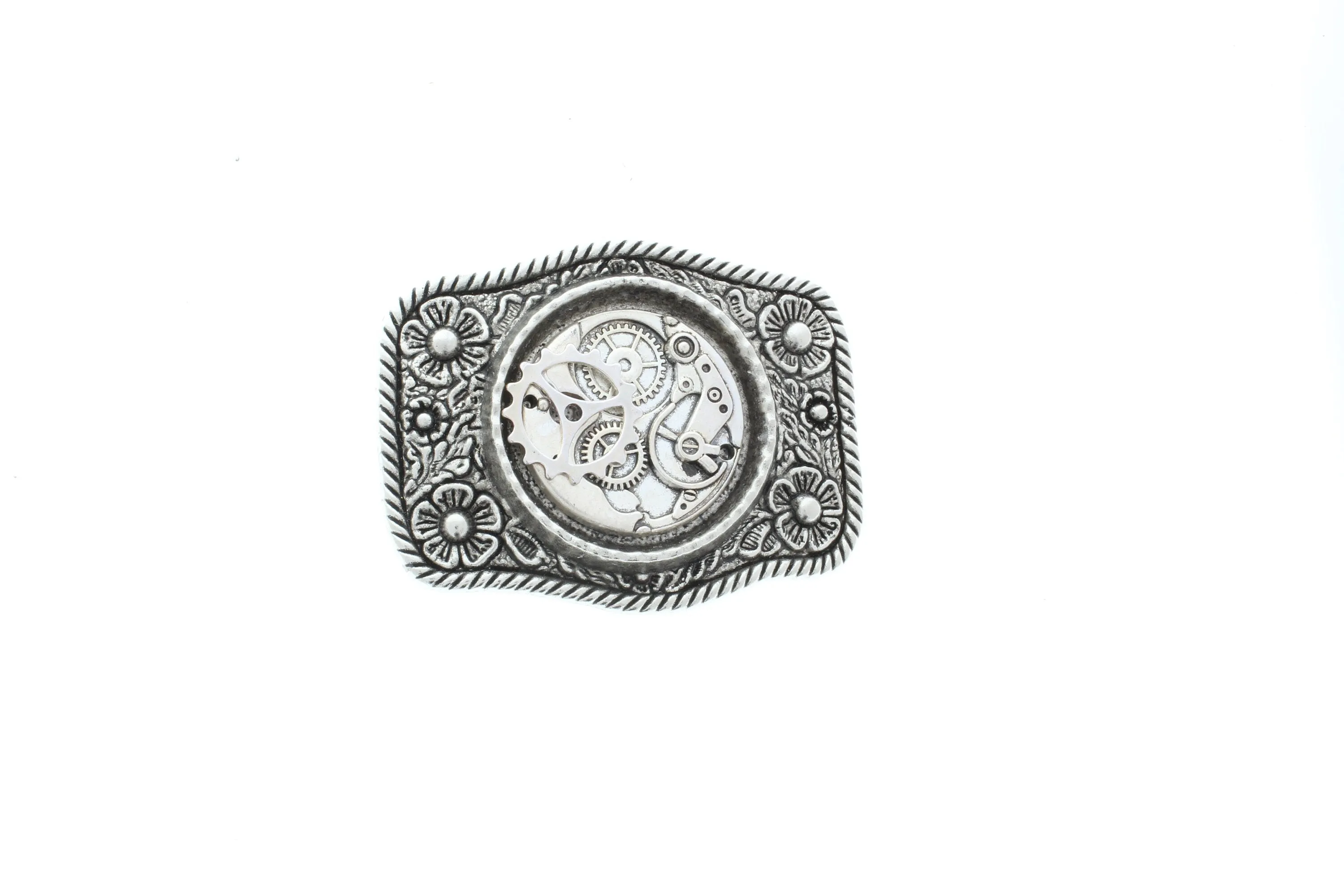 Steampunk silver Belt Buckle, gift box, with watch gears, and Black or Brown Suede Belt, HandMade in USA