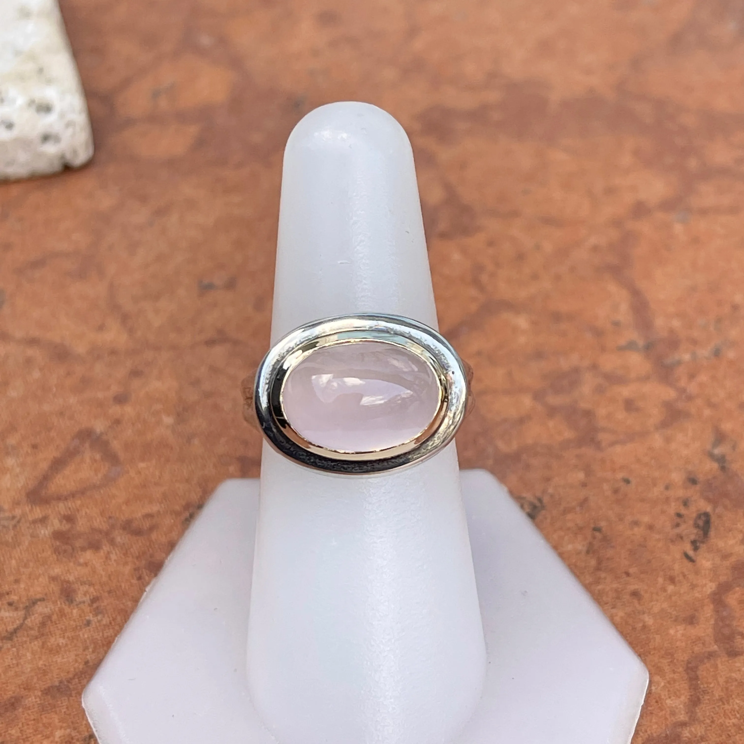 Sterling Silver   14KT Yellow Gold Oval Rose Quartz Dome Ring