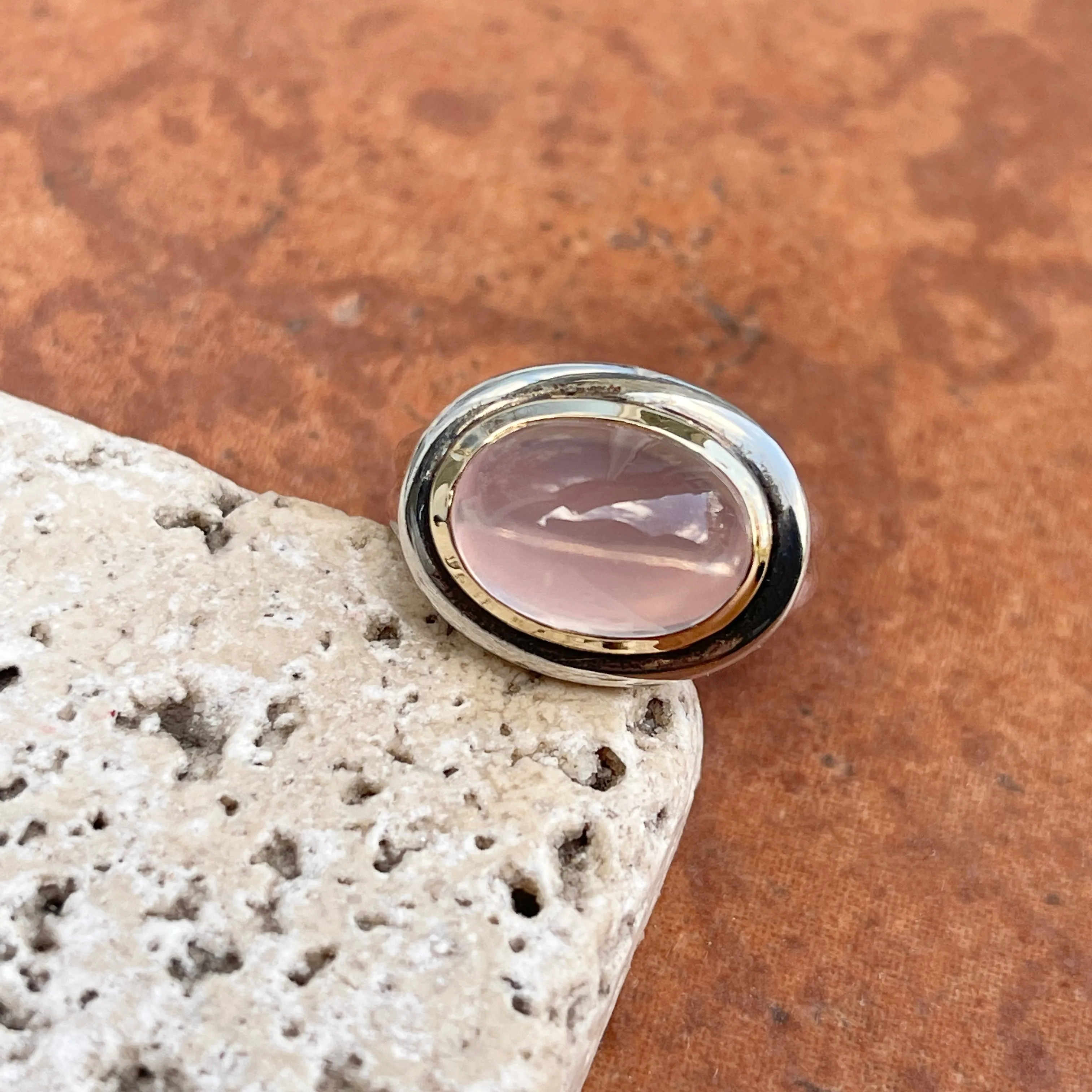 Sterling Silver   14KT Yellow Gold Oval Rose Quartz Dome Ring