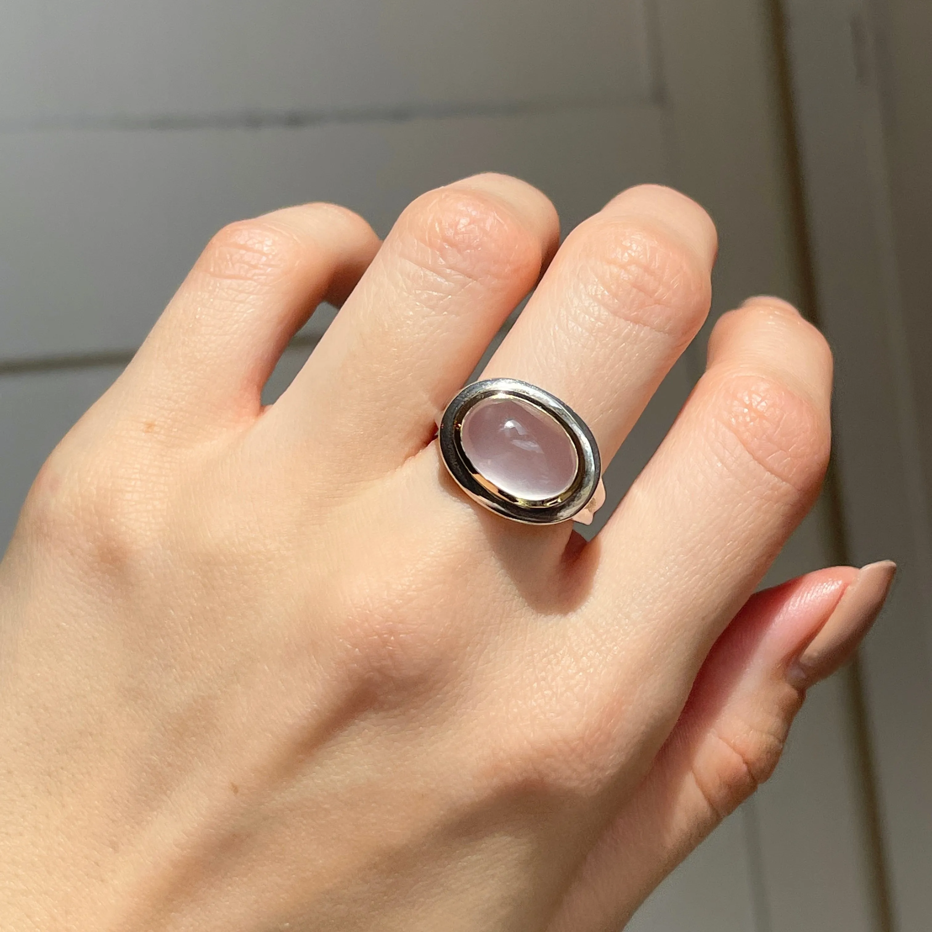 Sterling Silver   14KT Yellow Gold Oval Rose Quartz Dome Ring