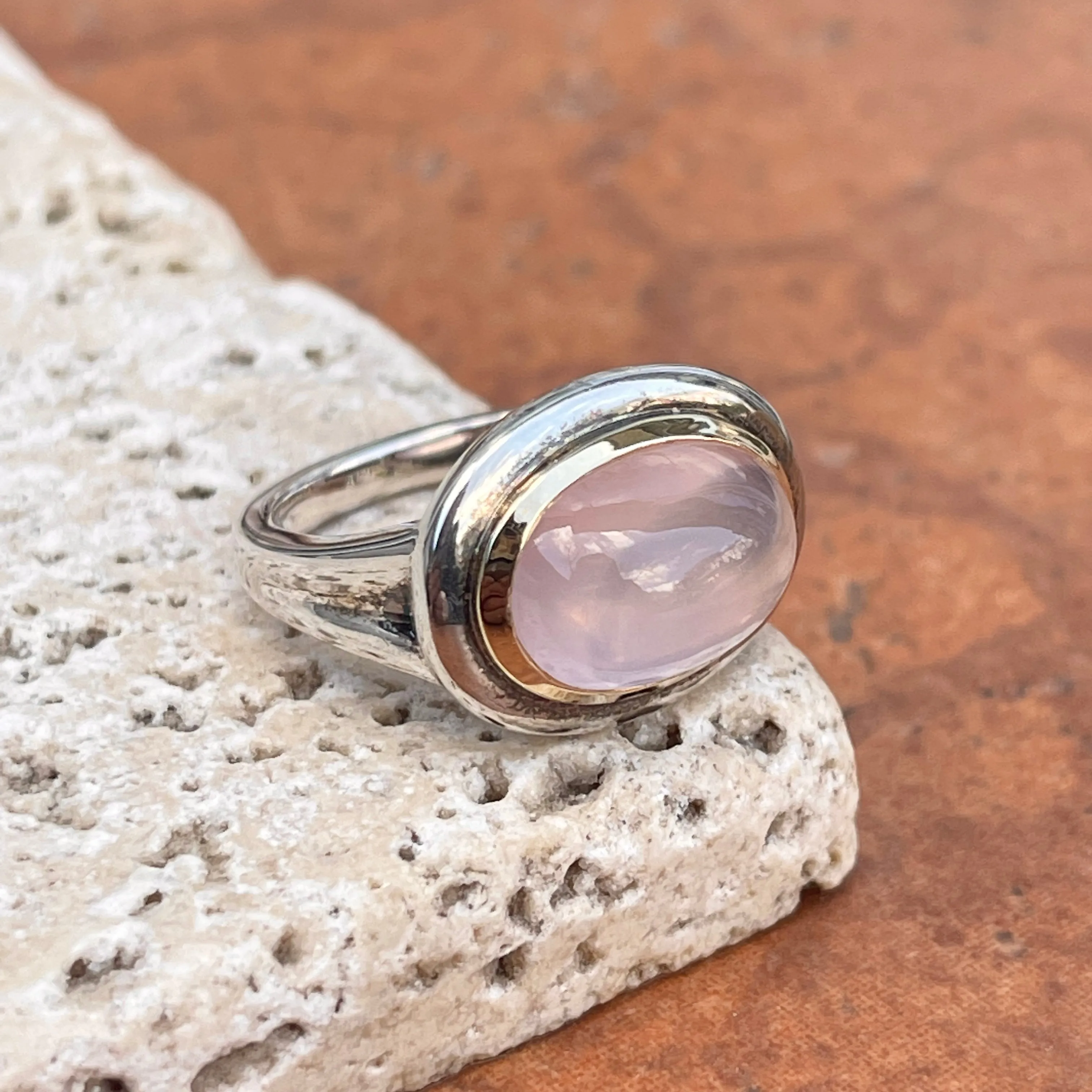 Sterling Silver   14KT Yellow Gold Oval Rose Quartz Dome Ring