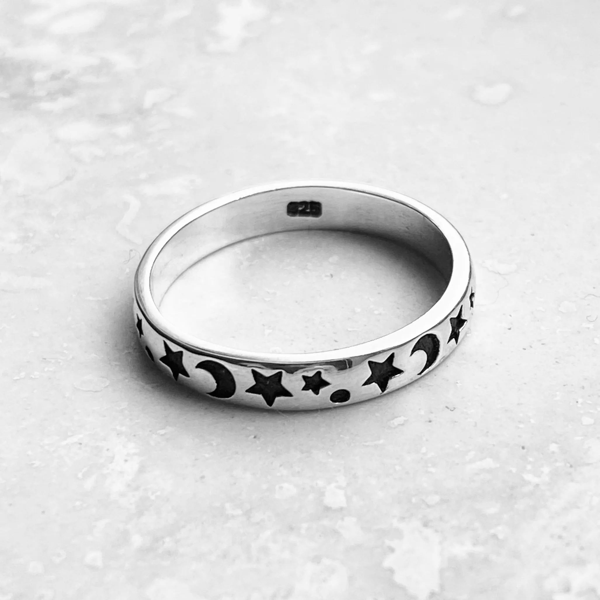 Sterling Silver 3MM Moon and Star Band, Silver Ring, Stackable Ring, Wedding Ring