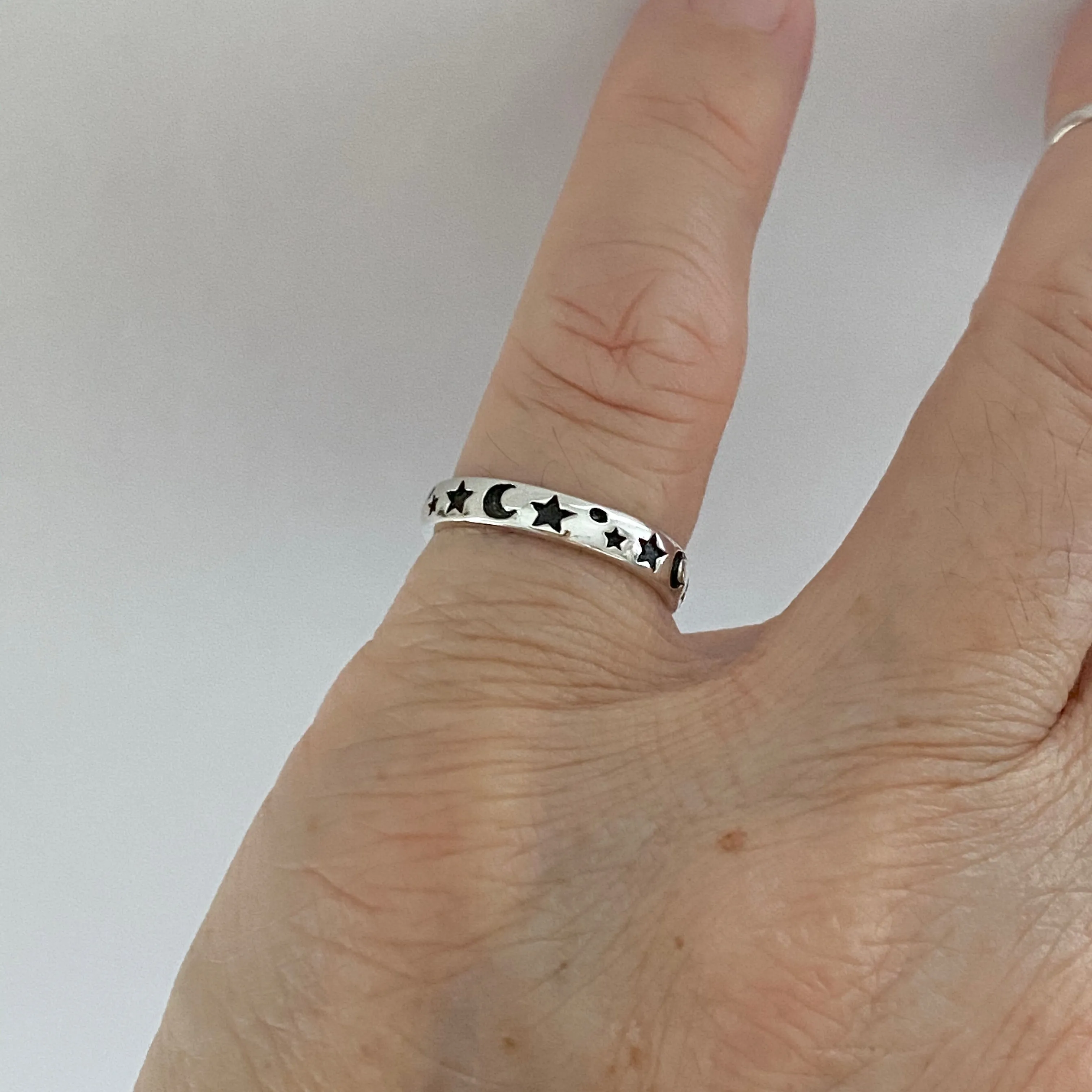 Sterling Silver 3MM Moon and Star Band, Silver Ring, Stackable Ring, Wedding Ring