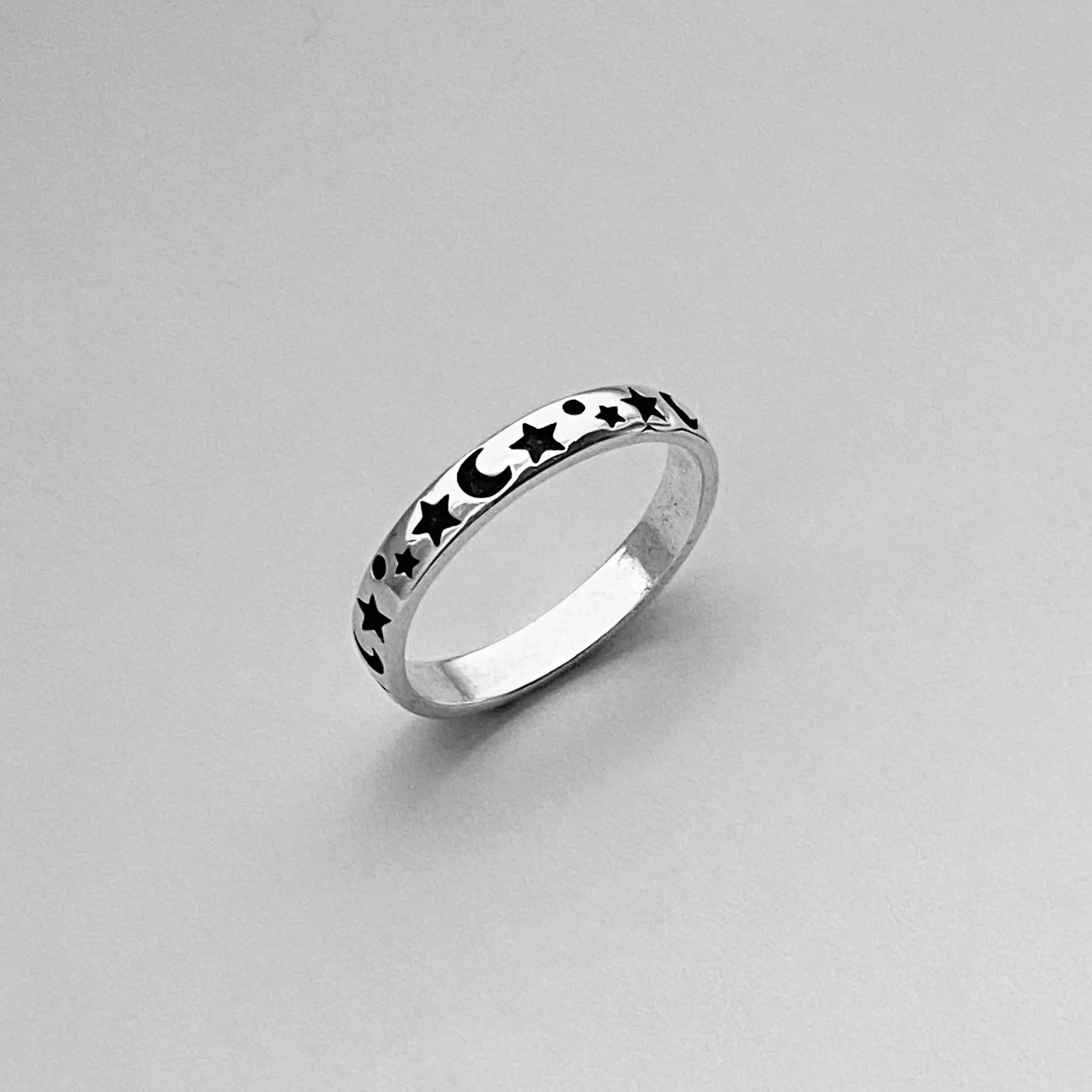 Sterling Silver 3MM Moon and Star Band, Silver Ring, Stackable Ring, Wedding Ring