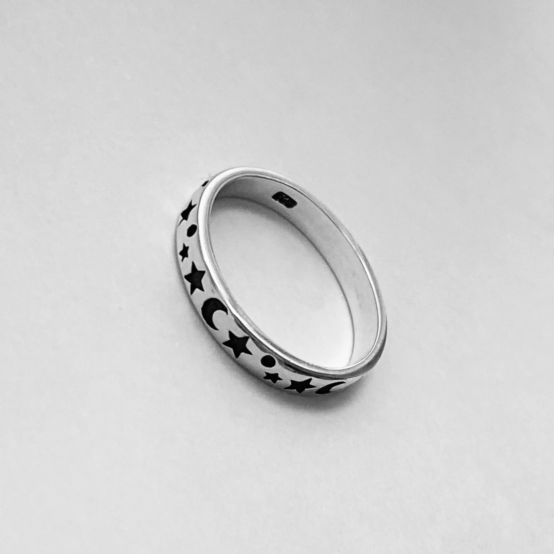 Sterling Silver 3MM Moon and Star Band, Silver Ring, Stackable Ring, Wedding Ring