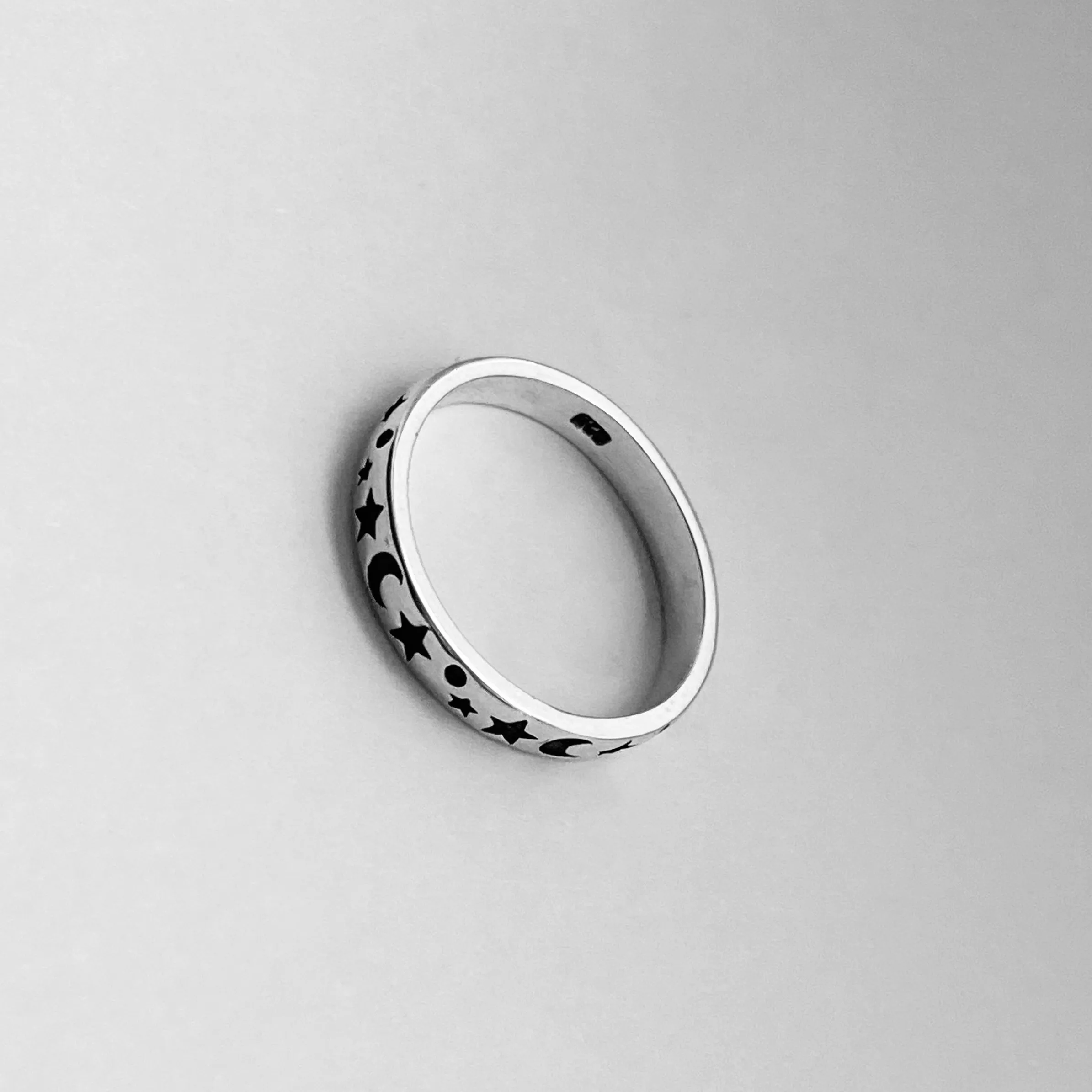 Sterling Silver 3MM Moon and Star Band, Silver Ring, Stackable Ring, Wedding Ring