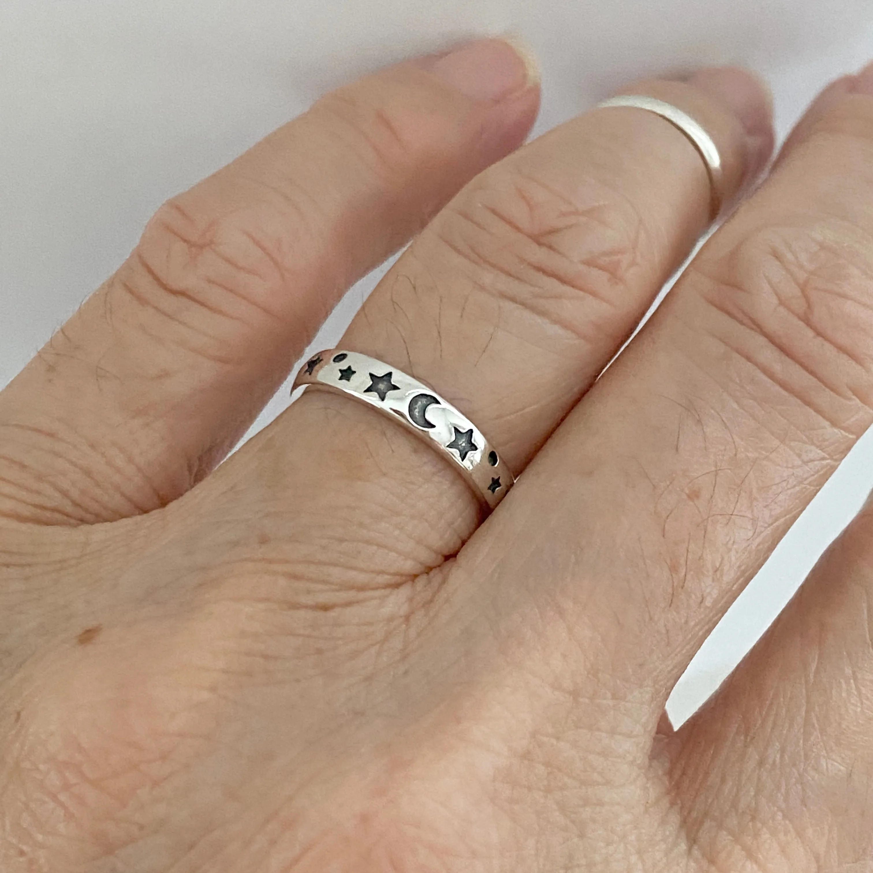 Sterling Silver 3MM Moon and Star Band, Silver Ring, Stackable Ring, Wedding Ring
