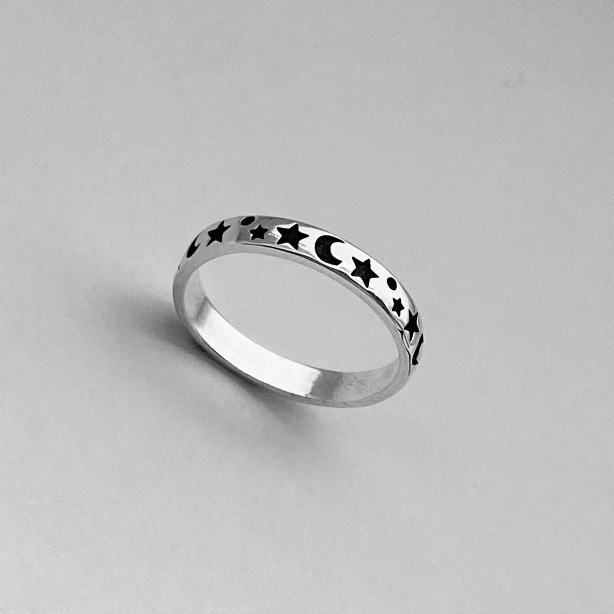 Sterling Silver 3MM Moon and Star Band, Silver Ring, Stackable Ring, Wedding Ring